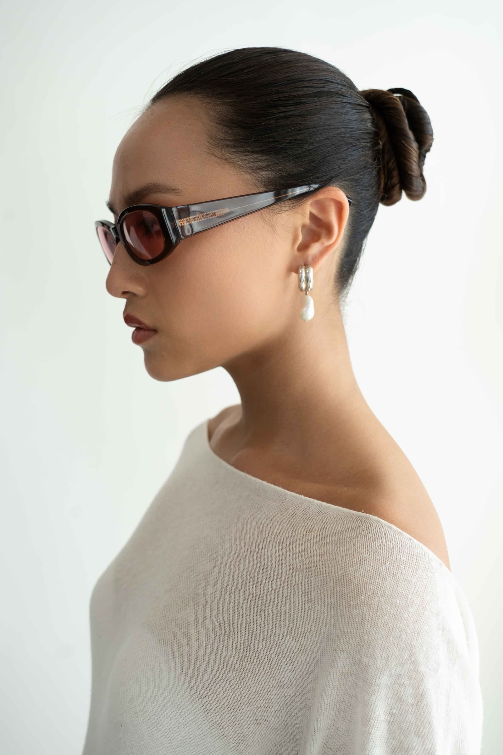 The Lady Pink sunglasses worn, side profile